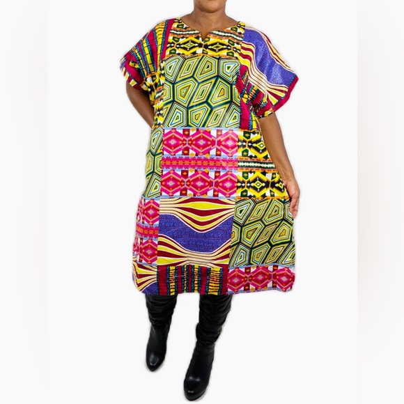 Multicolor Patchwork Design Notch Neck Cotton Midi Shirt Dress - Picture 3 of 4